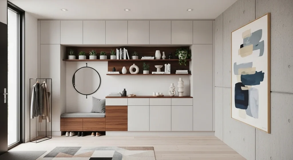 Organized entryway with custom cabinets and hidden storage solutions