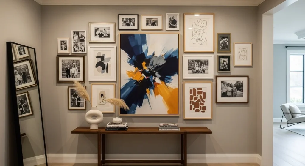 Stylish hallway with framed artwork and family photo gallery wall design
