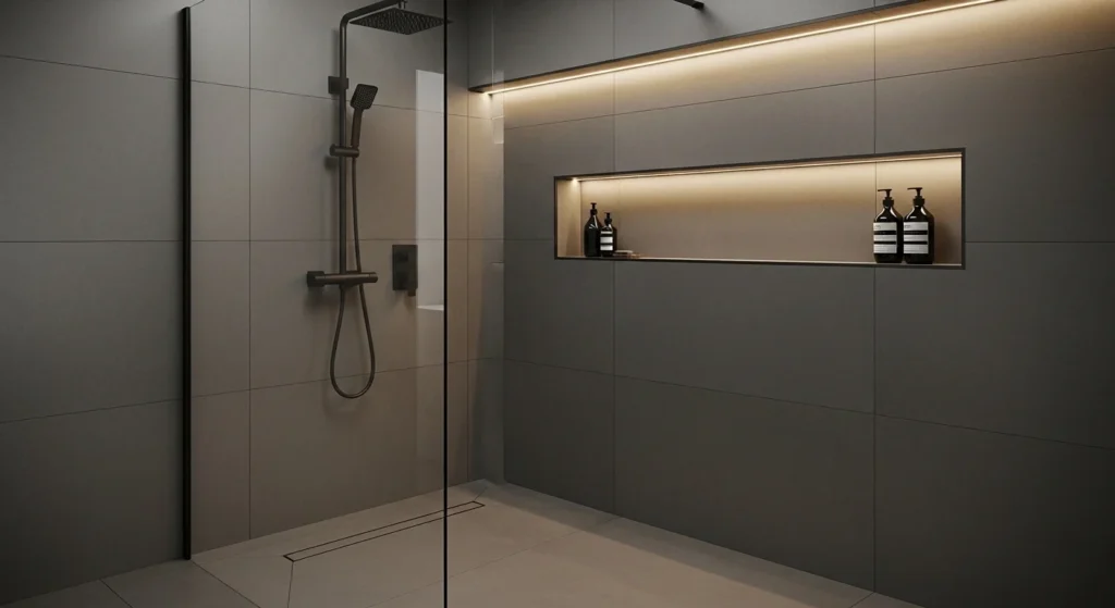 Shower with large format floor-to-ceiling tiles, sleek modern layout, and elegant finish