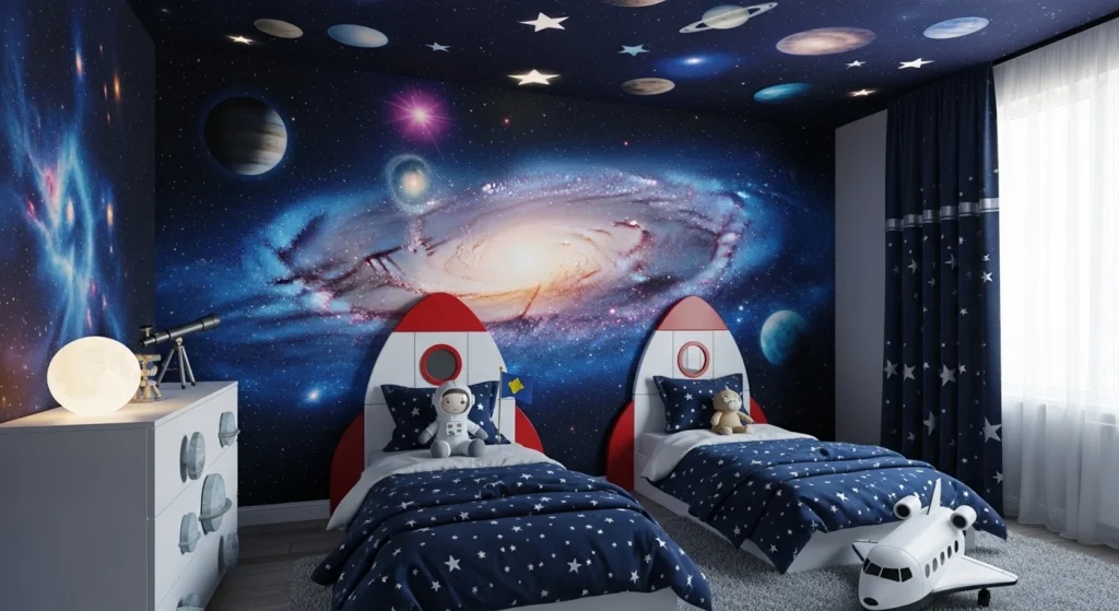 galaxy inspired kids room with stars, planets and astronaut decor