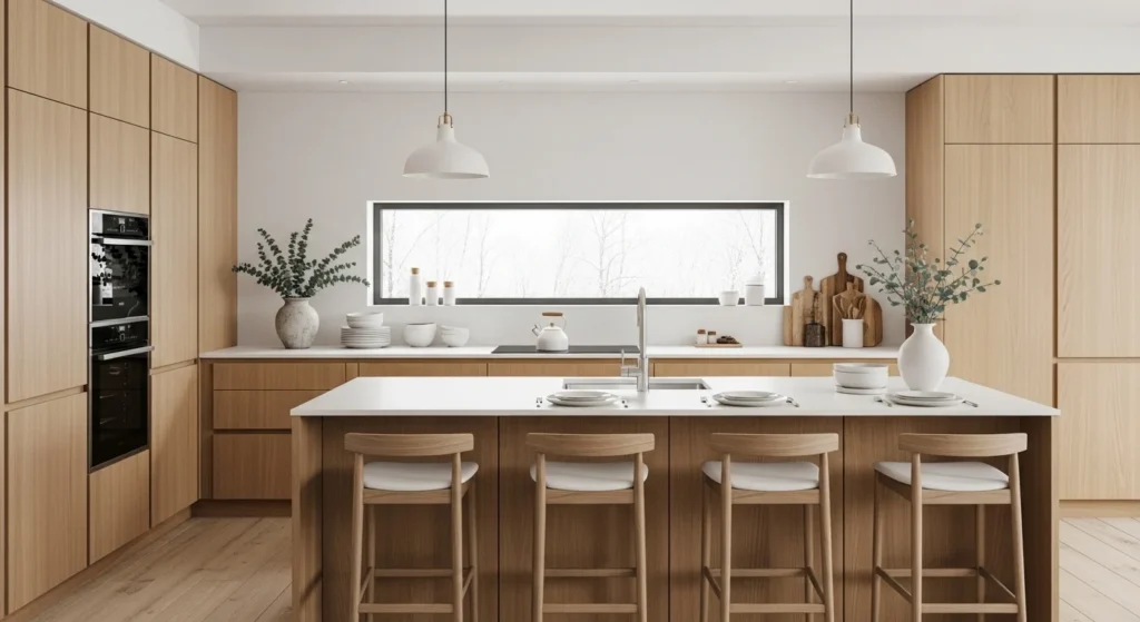 Nordic style open kitchen with light wood cabinets and bright airy layout