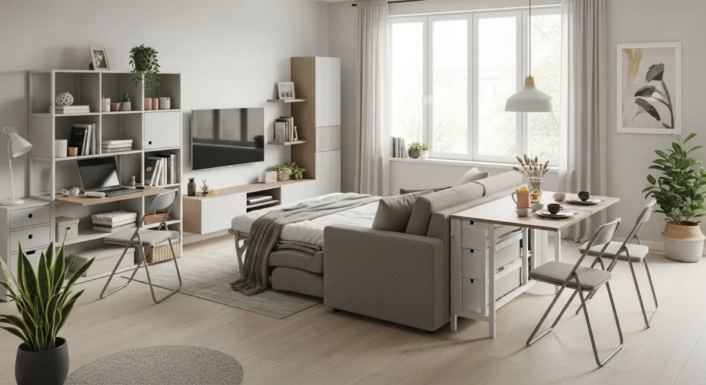 : Small apartment featuring space saving multifunctional furniture and smart layout