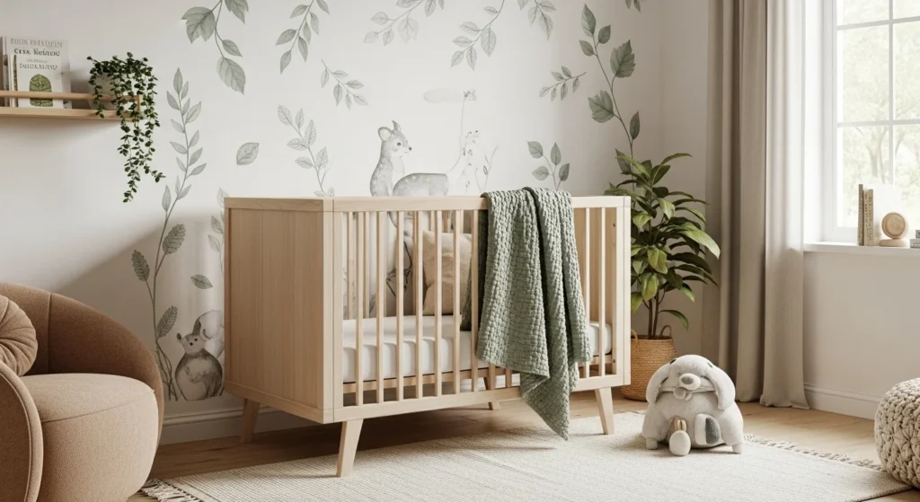 Nursery with earthy tones, plants, wooden furniture, botanical wall art, calming 2026 interior