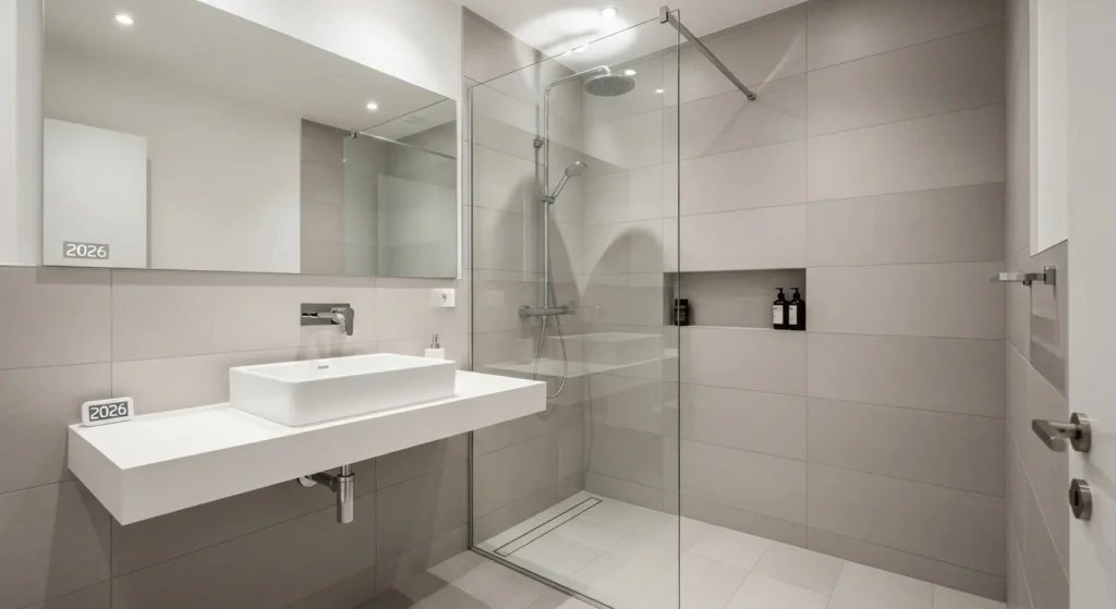 Small bathroom with frameless glass walk-in shower, neutral tiles, modern 2026 interior