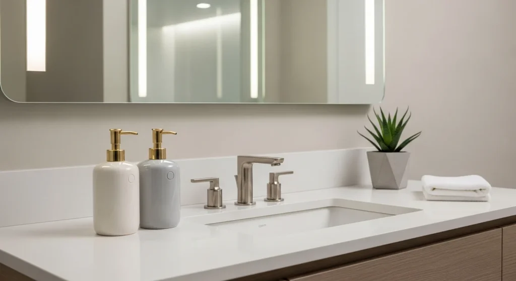 Modern bathroom sink featuring ceramic soap dispensers and clean neutral styling