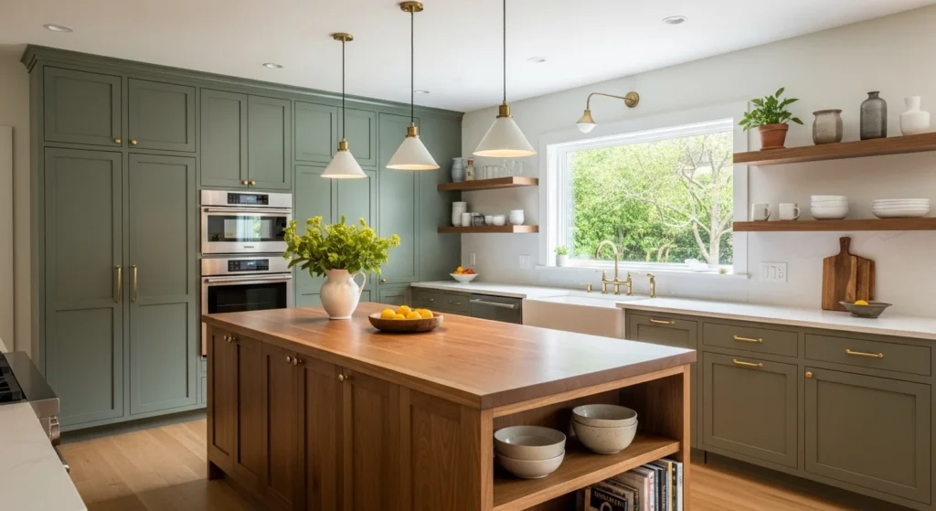 Green cabinets paired with wooden shelves and island creating warm organic kitchen design