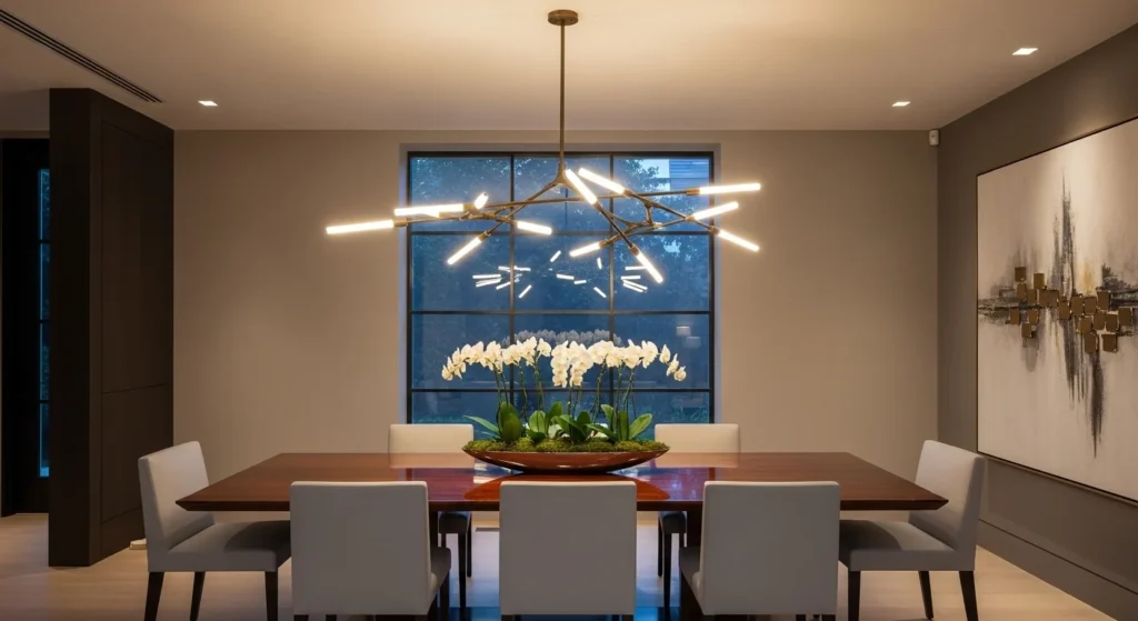Dining room featuring a bold statement pendant light above the table with elegant modern styling