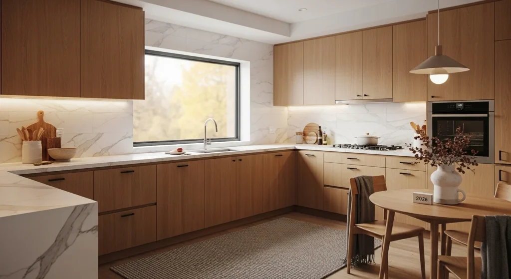 Modern kitchen with natural wood cabinets and marble countertops creating cozy 2026 interior