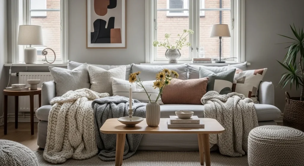 Scandinavian living room with layered throws and cushions creating hygge atmosphere