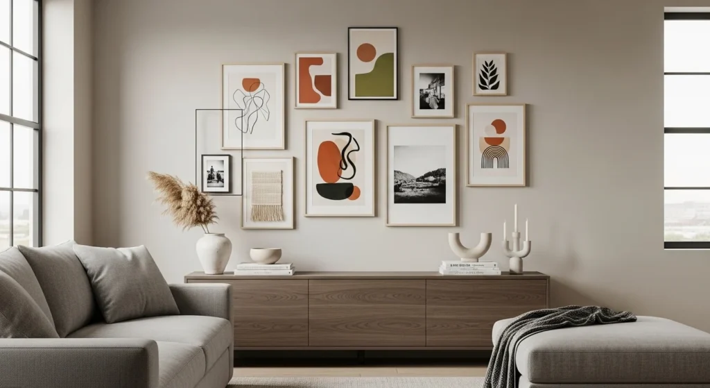 Eclectic gallery wall with mixed frames and artwork styles in a cozy living room