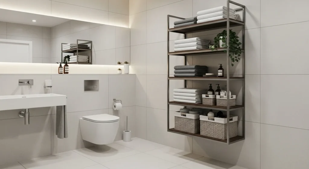 vertical storage cabinet above toilet maximizing small bathroom space