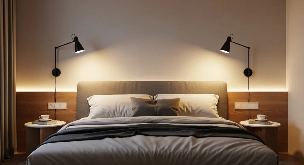 Soft fabric lampshade casting warm relaxing light in a cozy bedroom setting