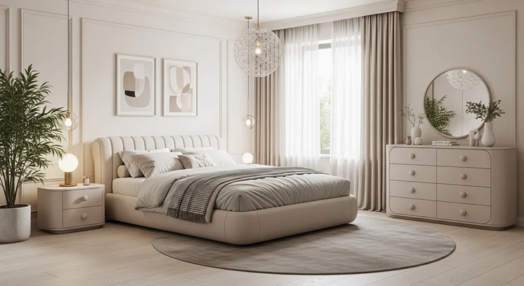 Bedroom featuring curved furniture shapes creating a soft and modern interior design