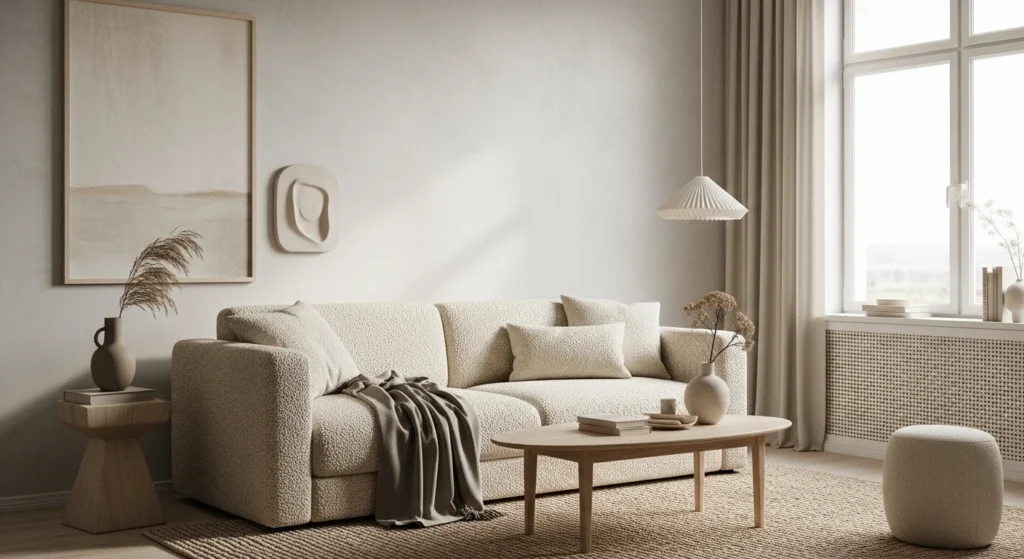 Minimalist living room with textured boucle sofa, plaster walls, and woven rug, perfect for 2026 modern interiors