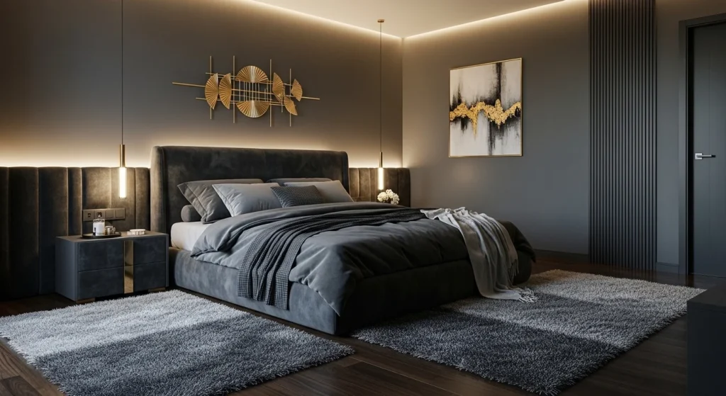 Luxurious dark grey bedroom with velvet bedding and metallic accents, cozy modern master suite 2026