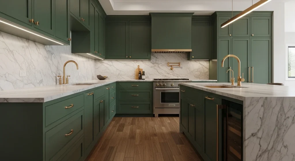 Contemporary kitchen with deep green cabinets, neutral countertops, and brass hardware creating a modern 2026 statement look