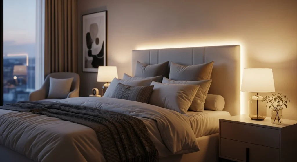 Master bedroom with layered warm lighting creating a cozy and relaxing atmosphere