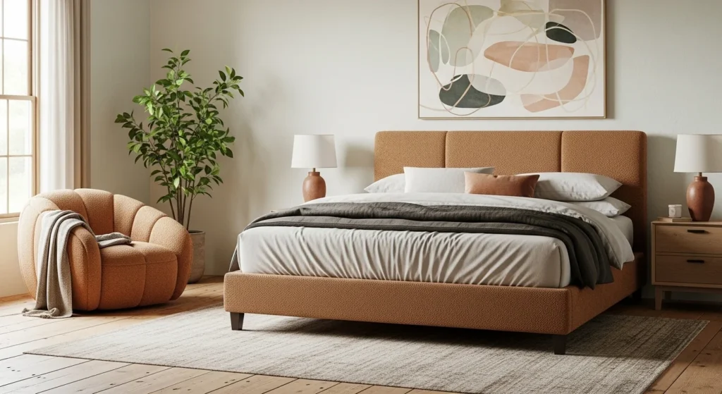 Cozy bedroom ideas for 2026 featuring warm neutral tones, soft bedding, layered textures, and a calm modern interior design