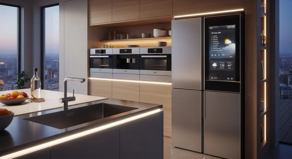 Modern smart kitchen featuring built-in appliances and touchless technology design
