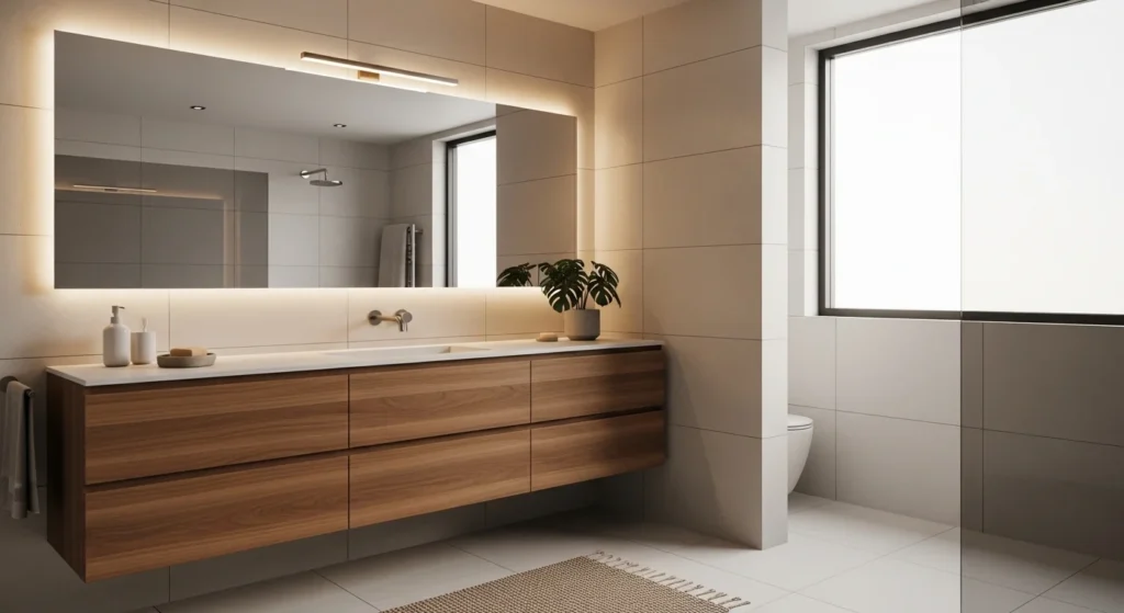 modern bathroom featuring wooden vanity and natural warm textures for cozy atmosphere