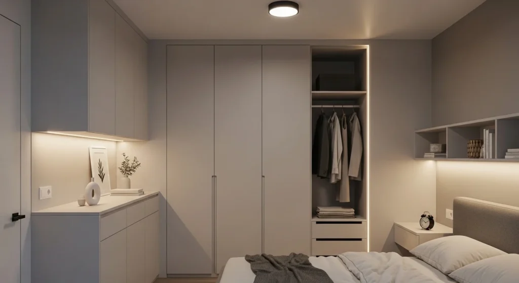 compact bedroom featuring built in wardrobe storage for organized and clutter free design