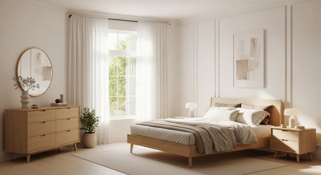 Contemporary bedroom designed in warm white tones with soft lighting and modern neutral decor.