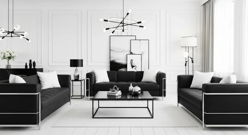Contemporary white living room featuring black accents and minimalist modern styling