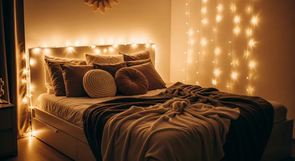 girls bedroom decorated with warm fairy lights creating a dreamy cozy atmosphere