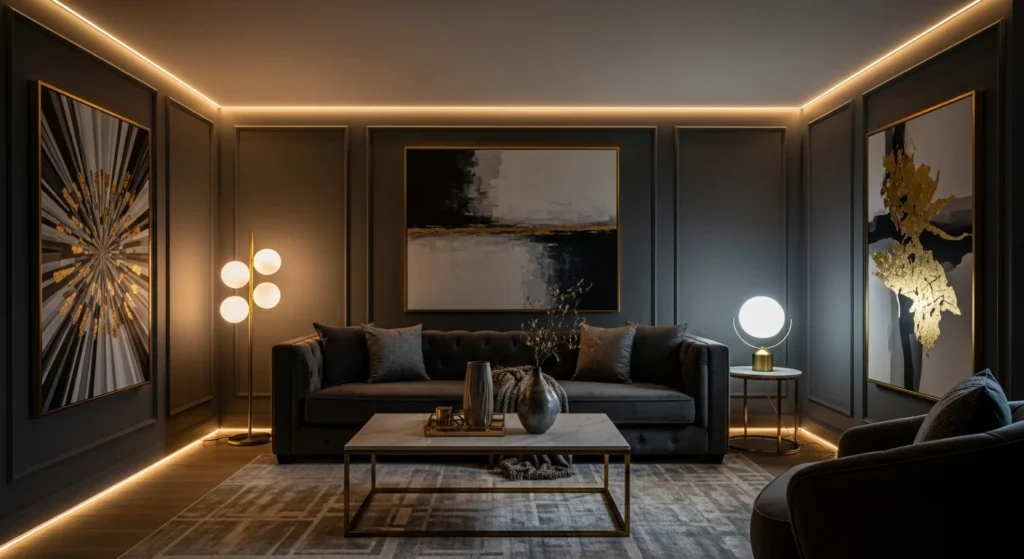 Luxury dark gray living room with velvet furniture and warm ambient lighting.
