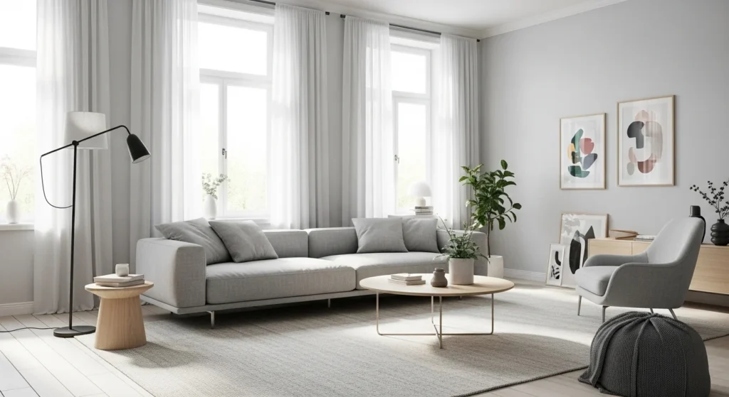 Light grey apartment living room with modern furniture and bright contemporary styling