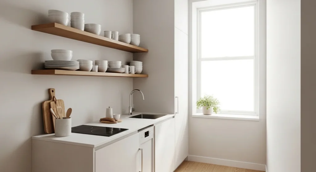 Small kitchen featuring floating shelves creating an airy and open modern look