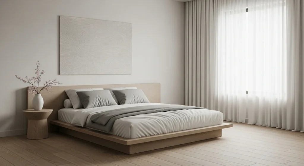 Minimalist bedroom featuring a low platform bed, neutral tones, and a calm modern atmosphere