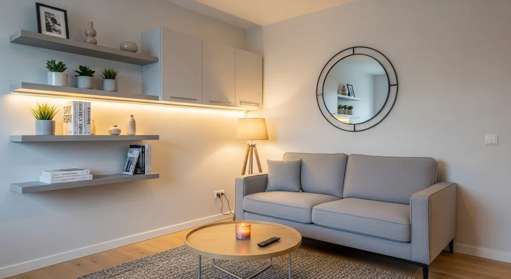Compact living room with floating shelves and wall-mounted storage creating a clean modern look