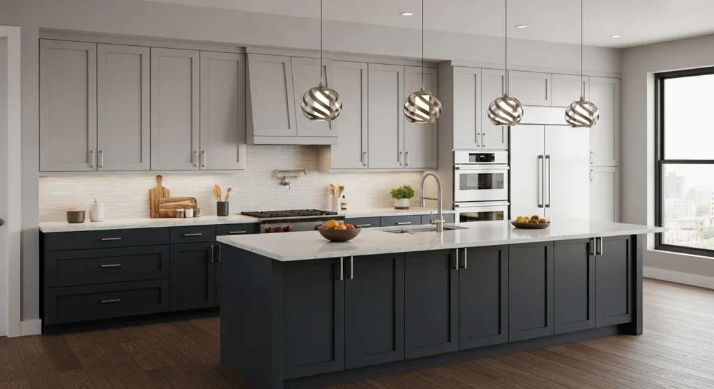 Contemporary kitchen featuring two-tone cabinets with light upper and dark lower cabinetry design.