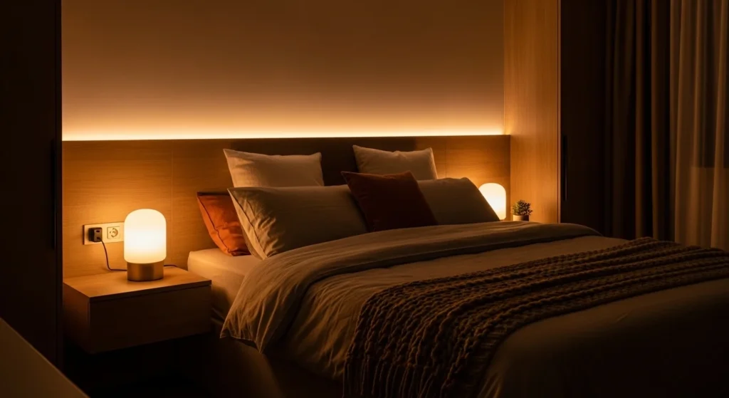 Bedroom designed with warm ambient lighting and soft glow creating a calm relaxing atmosphere