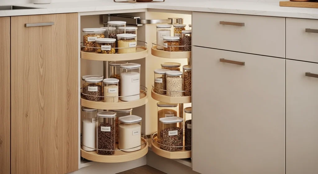 Compact corner pantry with rotating shelves maximizing small kitchen storage