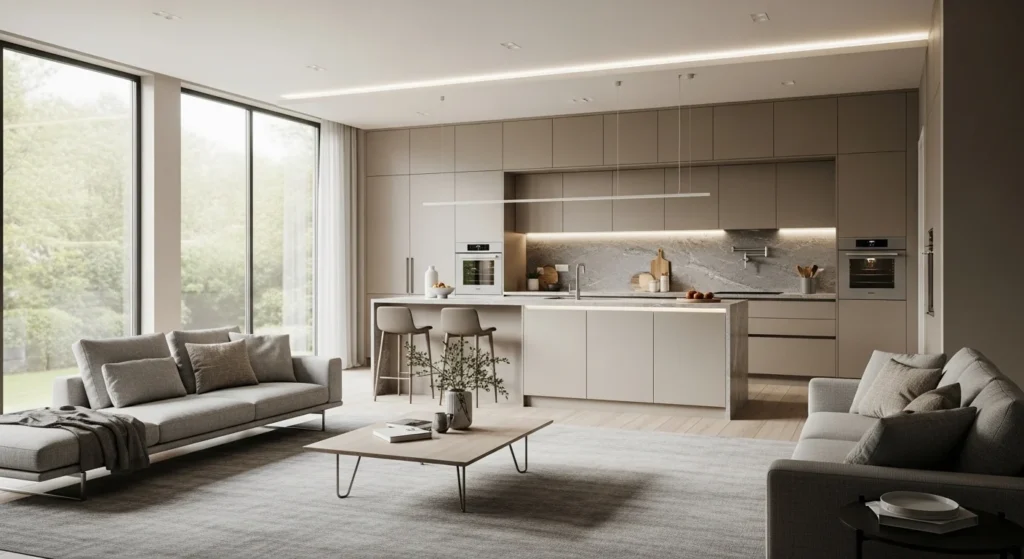Open concept kitchen and living room designed with a cohesive neutral color palette for a seamless modern look