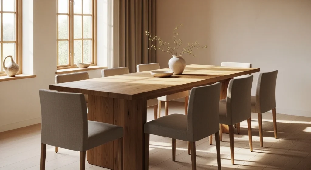 Contemporary dining room with natural wood table and organic interior styling