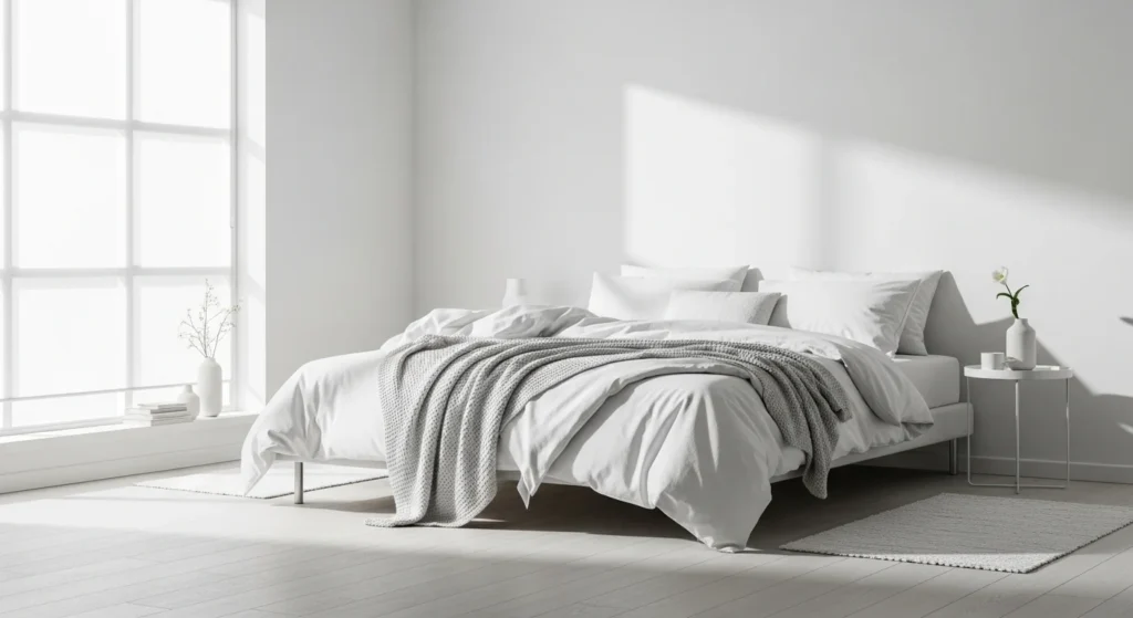 Bright white minimalist bedroom with layered textures and clean Scandinavian styling