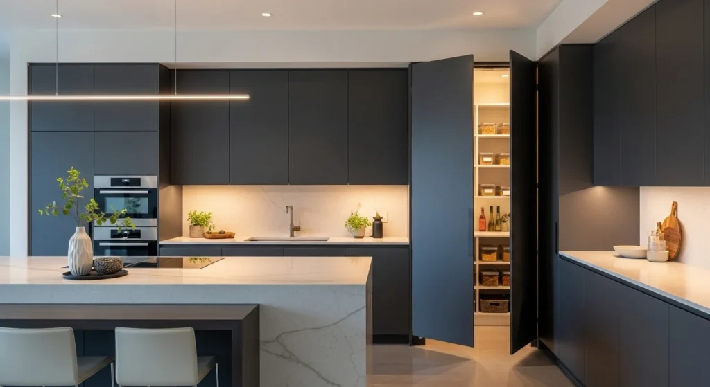 concealed walk-in pantry hidden behind modern cabinet doors in contemporary kitchen