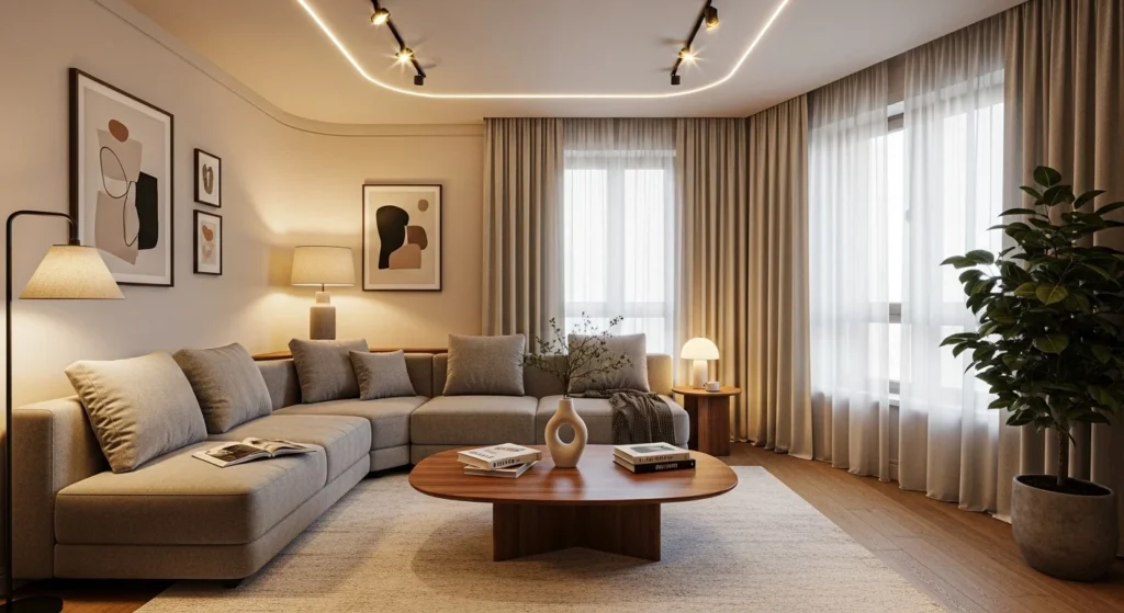 Apartment living room featuring a curved sofa and rounded coffee table in a cozy modern setting