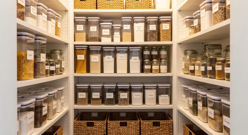 mall pantry organized with clear containers and labeled jars for easy visibility