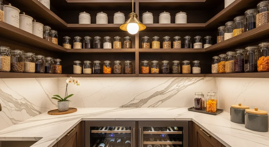 Modern butler’s pantry with countertop workspace and organized kitchen storage shelves