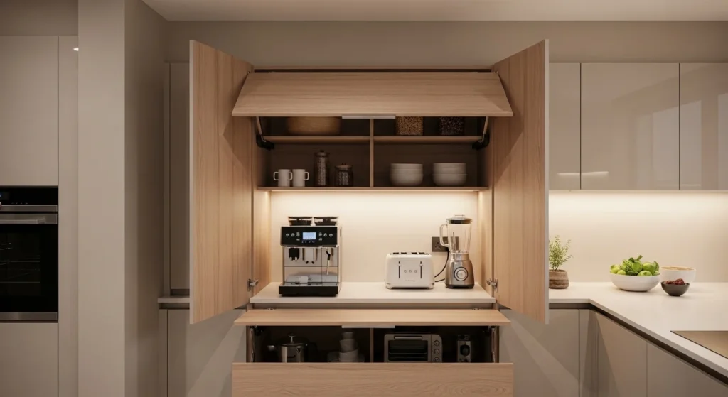 Kitchen appliance garage pantry hiding coffee machine and small appliances inside modern cabinetry.
