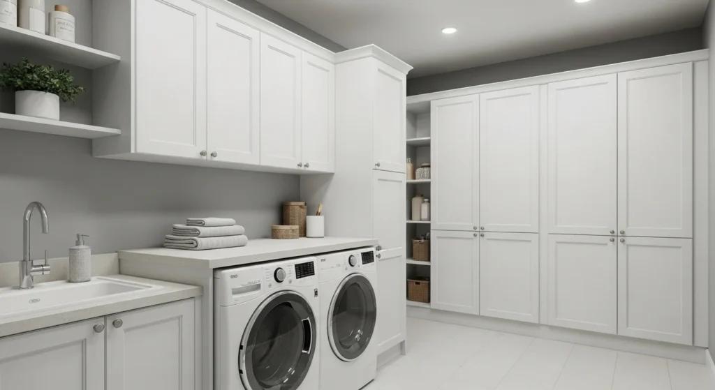Pantry cabinets installed above washer and dryer maximizing laundry room space