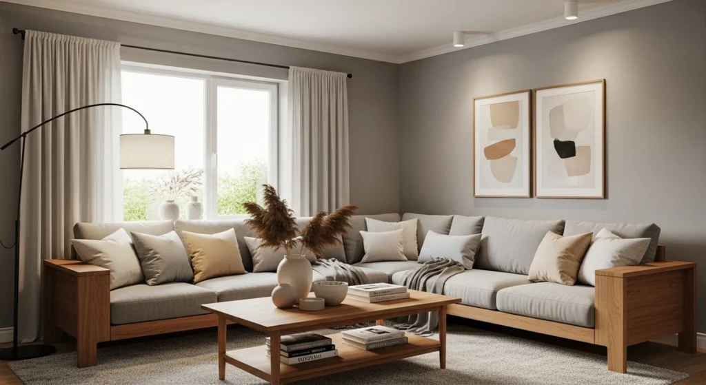 ray living room styled with warm wood furniture, neutral decor, and soft ambient lighting