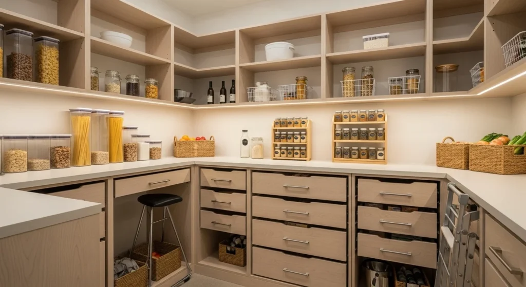 Walk-in pantry featuring pull-out drawers for organized and accessible food storag