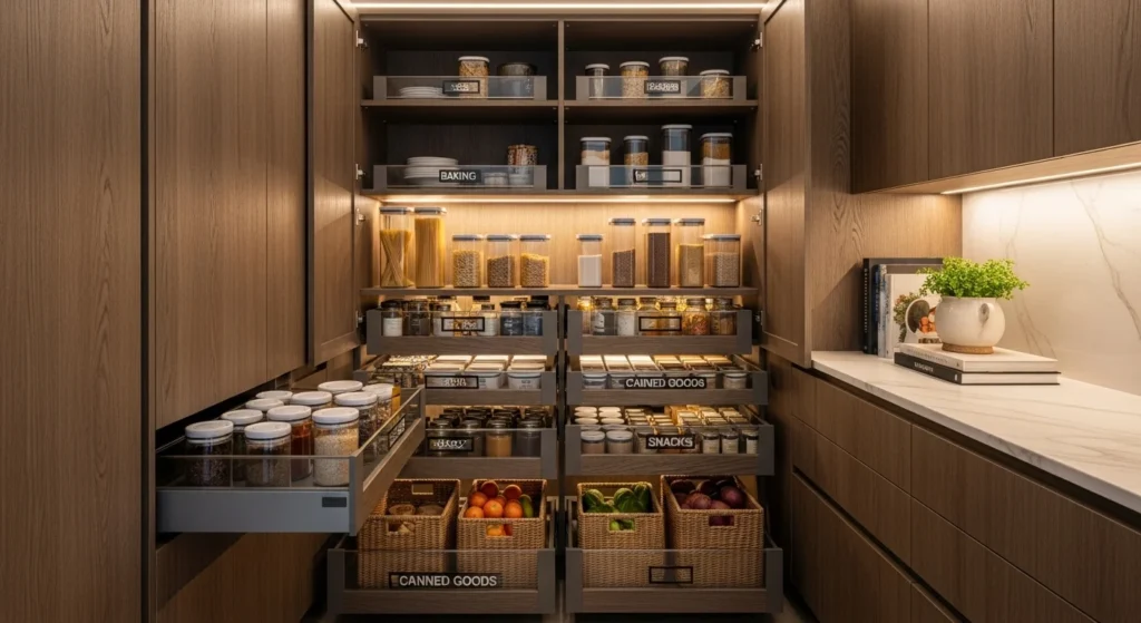 Pantry with pull-out drawers providing full visibility and easy access to stored food