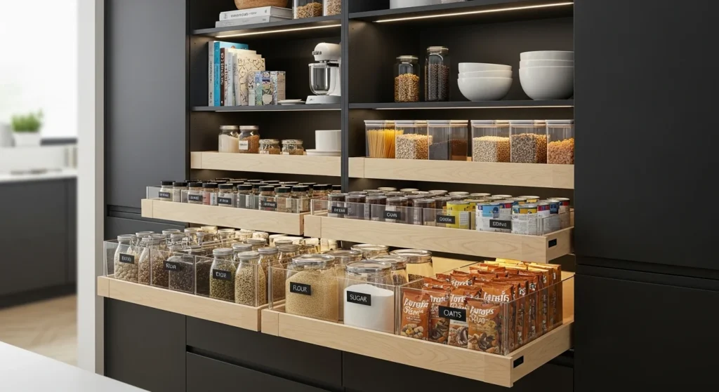 Kitchen food pantry with pull-out drawers providing full visibility and organized storage