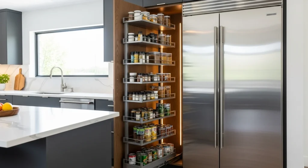 Slim pull-out pantry cabinet hidden beside appliances with organized food storage